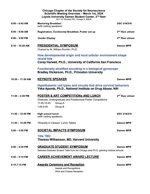 2024 Chicago Society for Neuroscience Annual Meeting on Friday, March 1 at Loyola University Lake Shore Campus