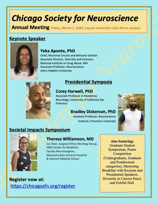 2024 Chicago Society for Neuroscience Annual Meeting on Friday, March 1 at Loyola University Lake Shore Campus